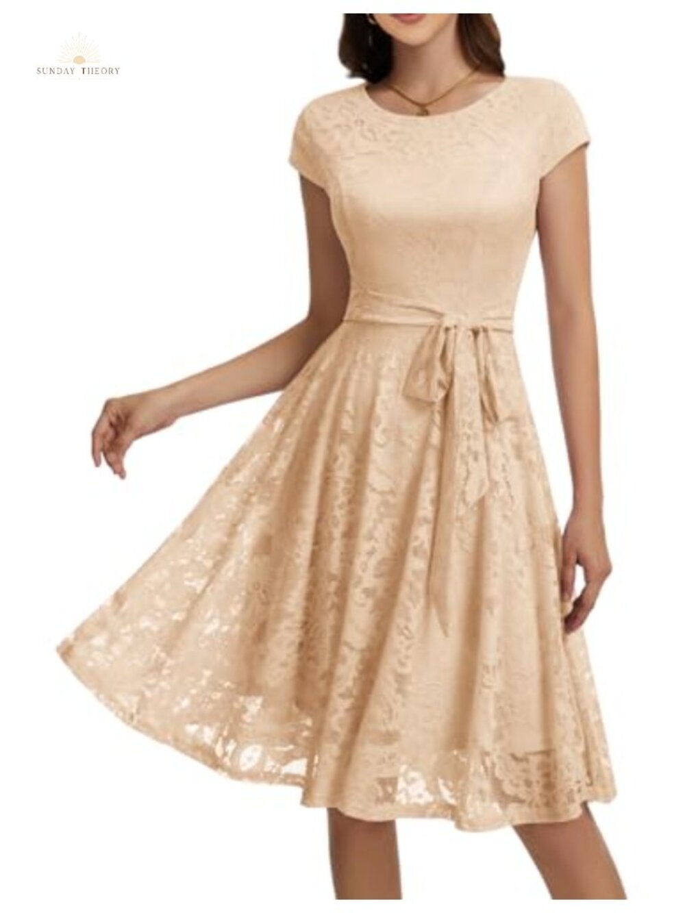 Lace Cocktail Wedding Guest Dress Knee Length A-Line Swing High Waist Cap Sleeve
